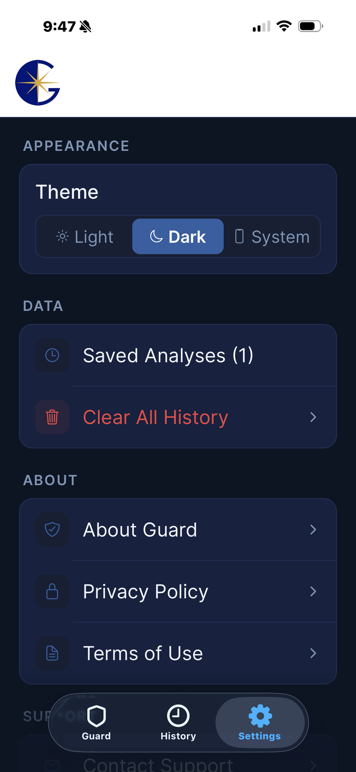 Gide Guard dark mode settings screen
